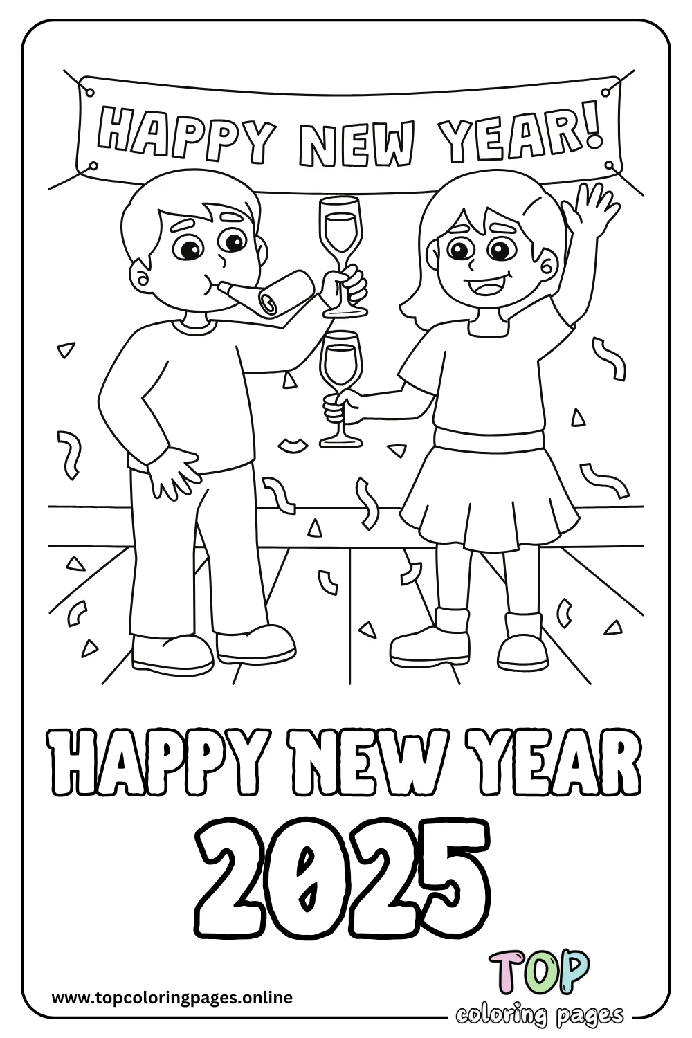 Kids Celebrating New Year Coloring Page