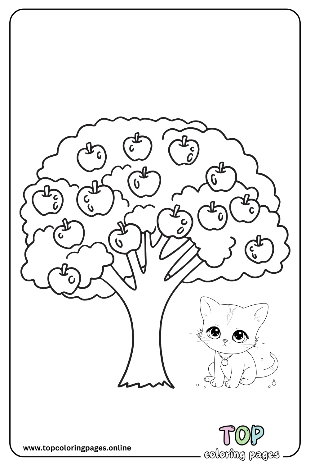 Cute Kitty with an Apple Coloring Page