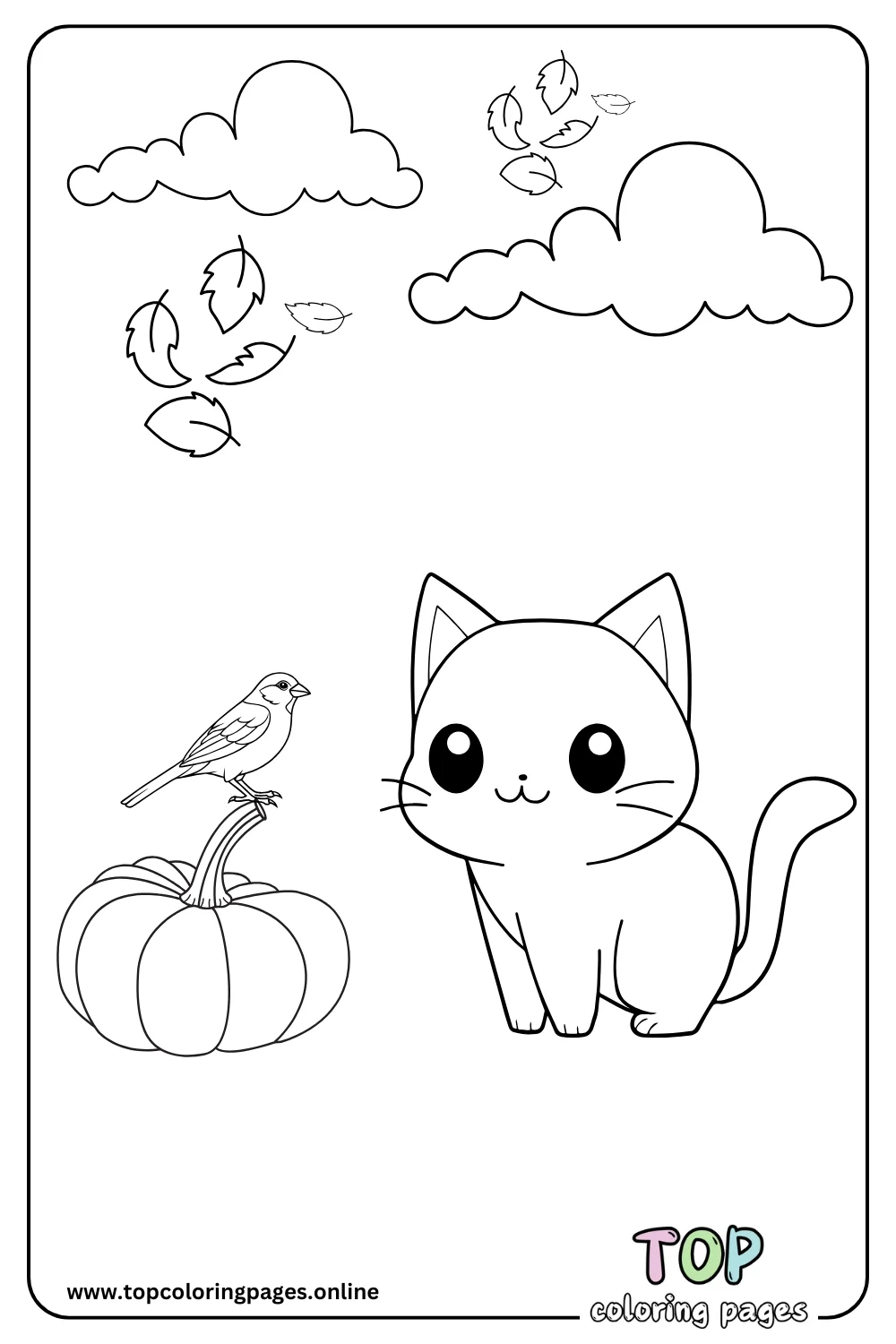 Fall Coloring Page with Cat